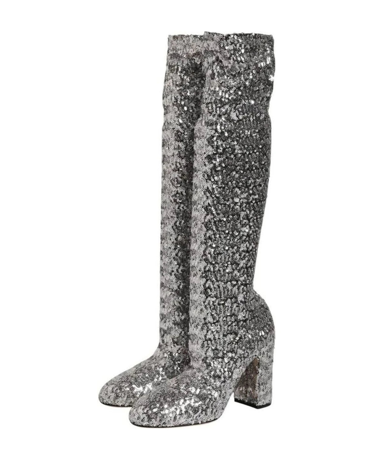 Dolce & Gabbana Silver Shoes Sequins Glitter High Heel Boot Boots