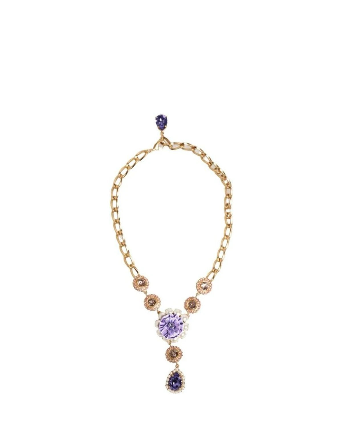 Dolce & Gabbana Purple Brass Crystal Pearl Floral Pendant Jewelry Necklace Necklaces