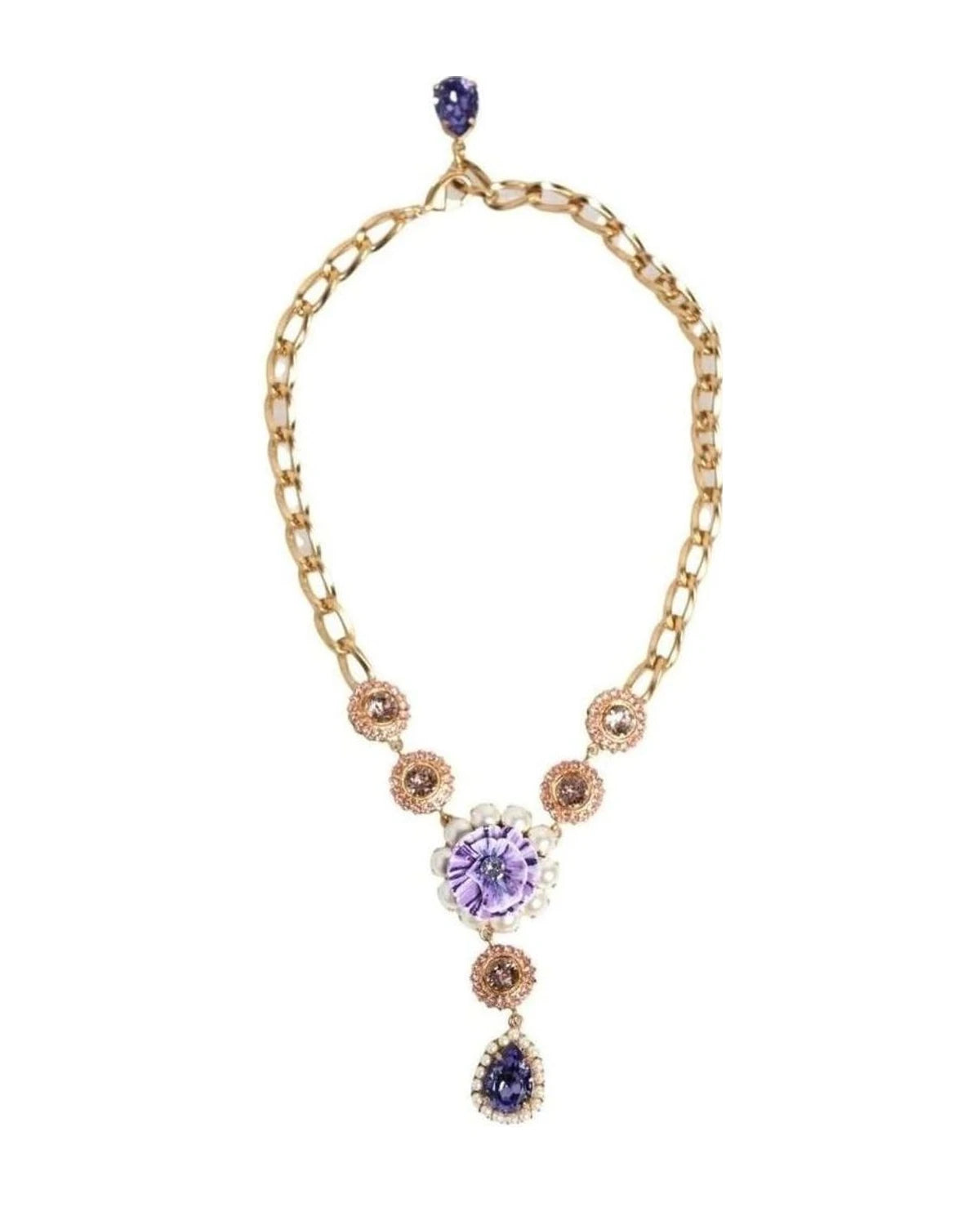 Dolce & Gabbana Purple Brass Crystal Pearl Floral Pendant Jewelry Necklace Necklaces