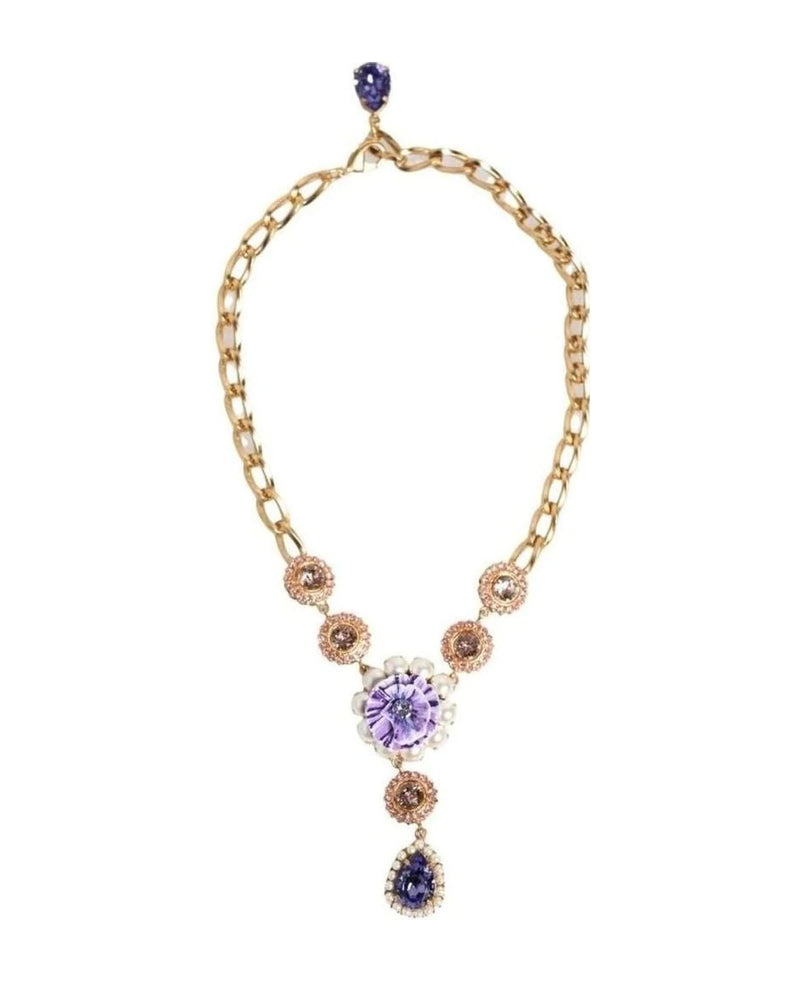 Dolce & Gabbana Purple Brass Crystal Pearl Floral Pendant Jewelry Necklace Necklaces
