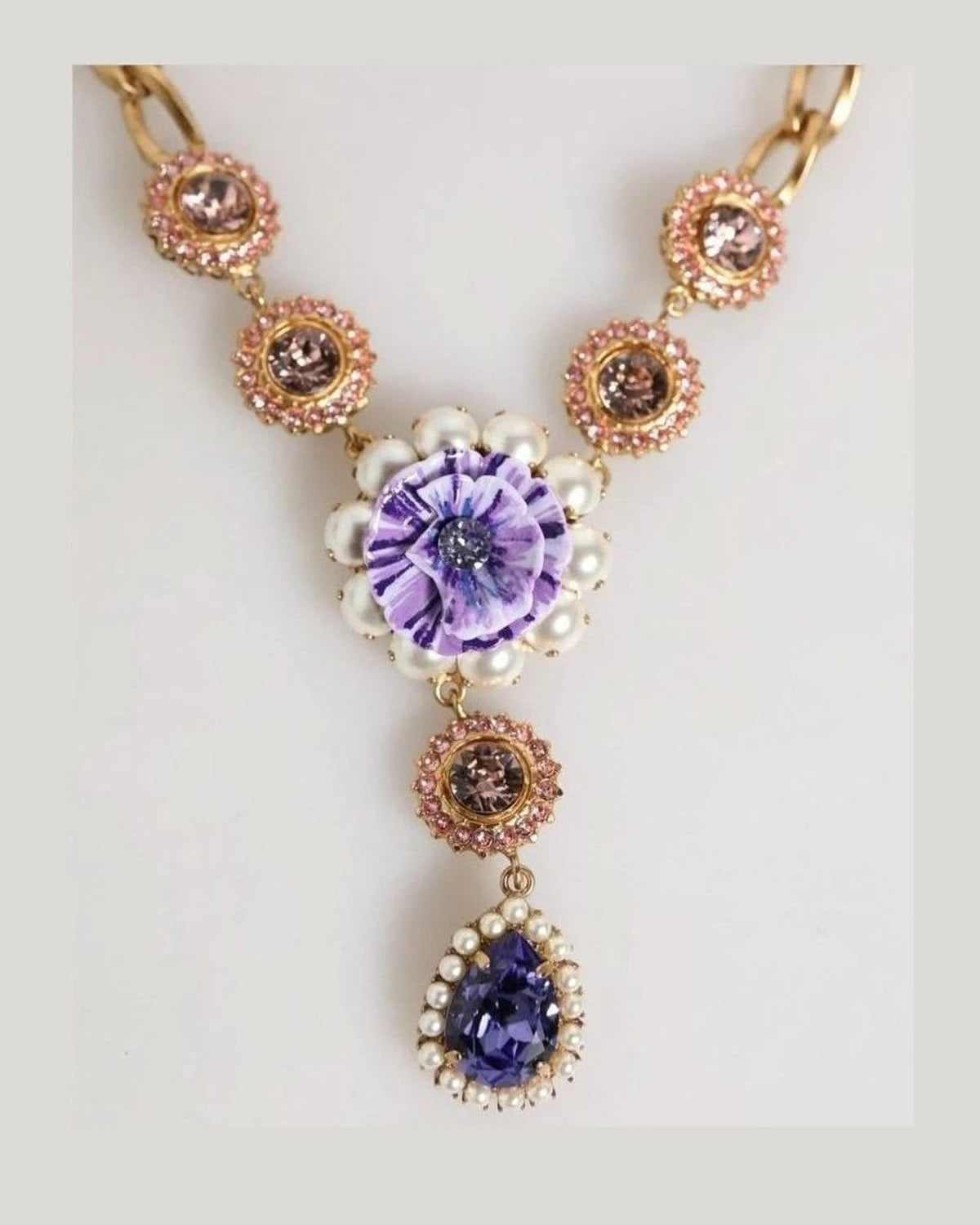 Dolce & Gabbana Purple Brass Crystal Pearl Floral Pendant Jewelry Necklace Necklaces