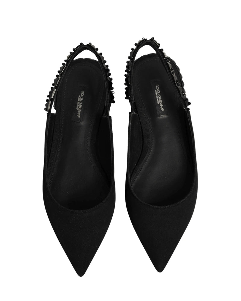 Dolce & Gabbana Black Crystal Charmeuse Slingback Shoes Sandals