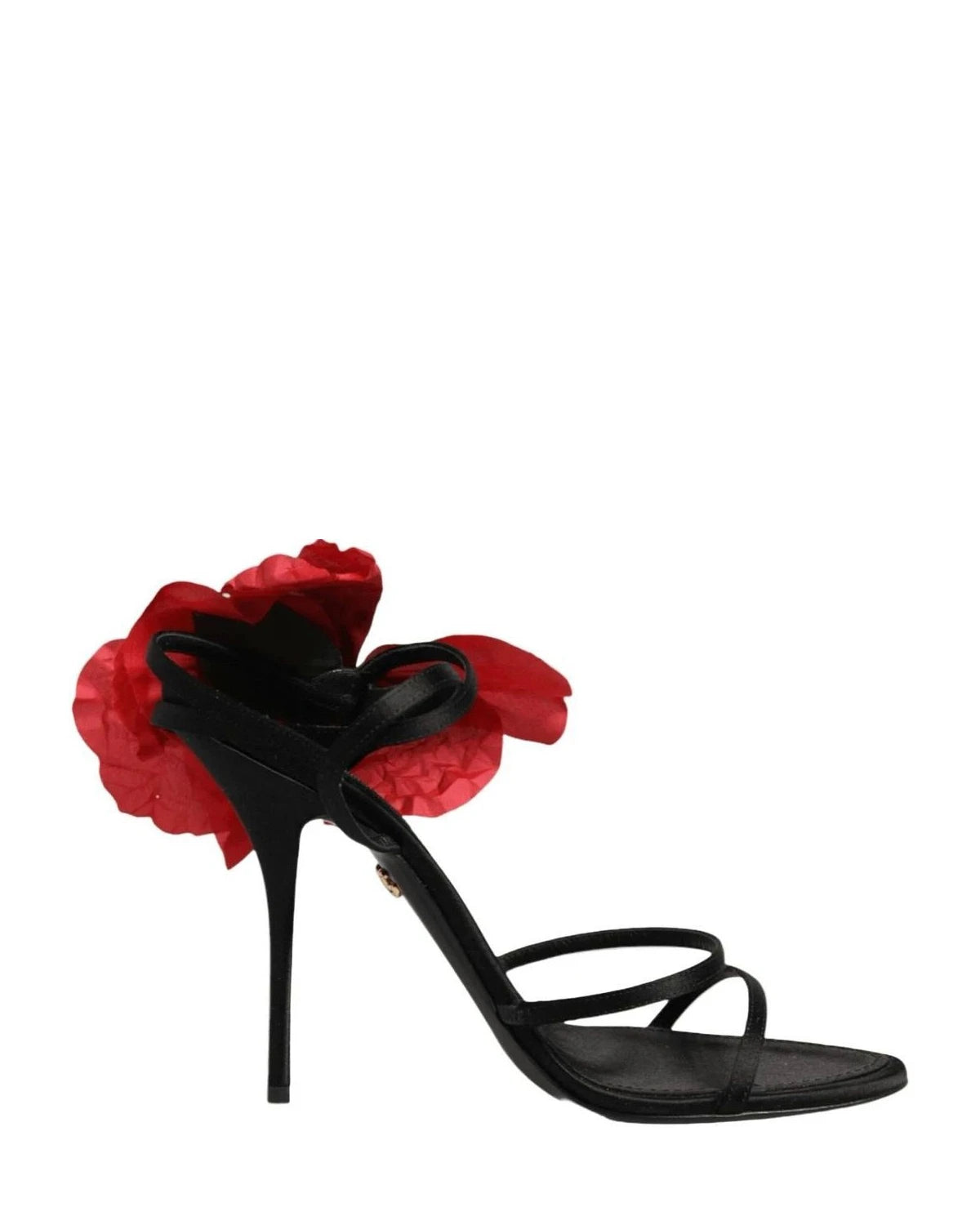 Dolce & Gabbana Black Leather Strappy Flower Heels Sandals Shoes Heels