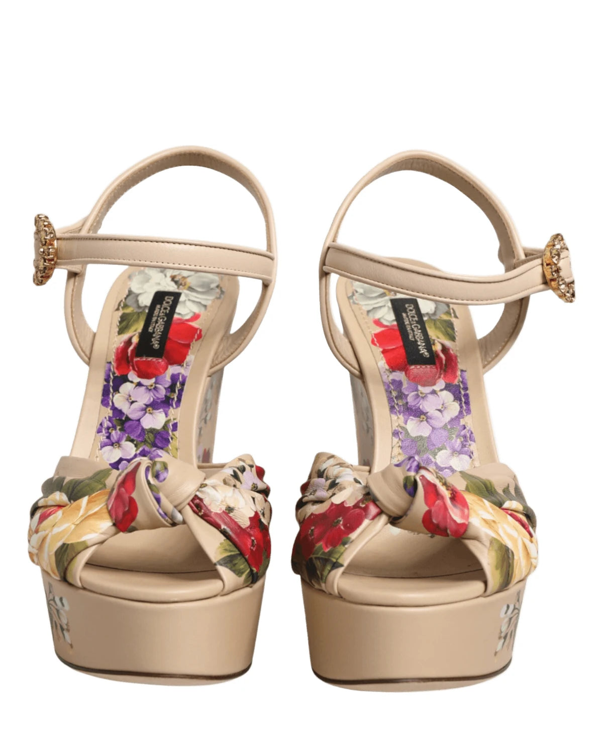 Dolce & Gabbana Beige Floral Ankle Strap Wedge Sandals Shoes Sandals