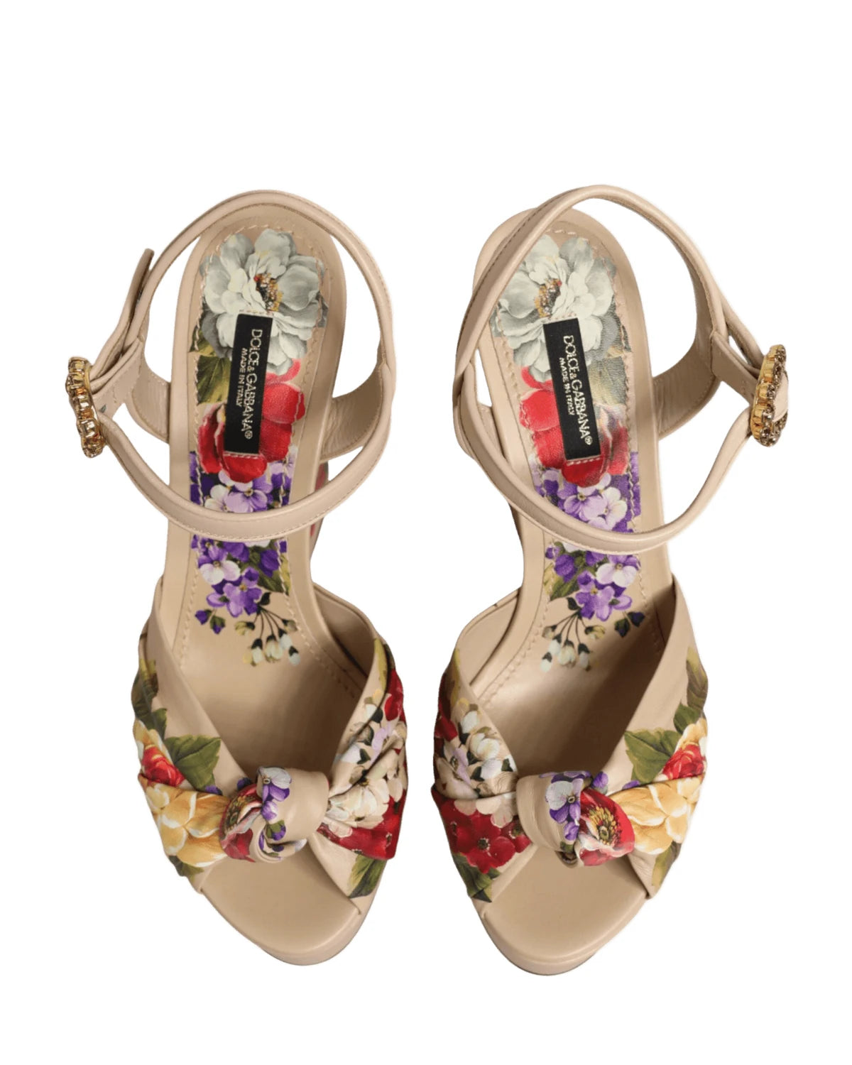 Dolce & Gabbana Beige Floral Ankle Strap Wedge Sandals Shoes Sandals