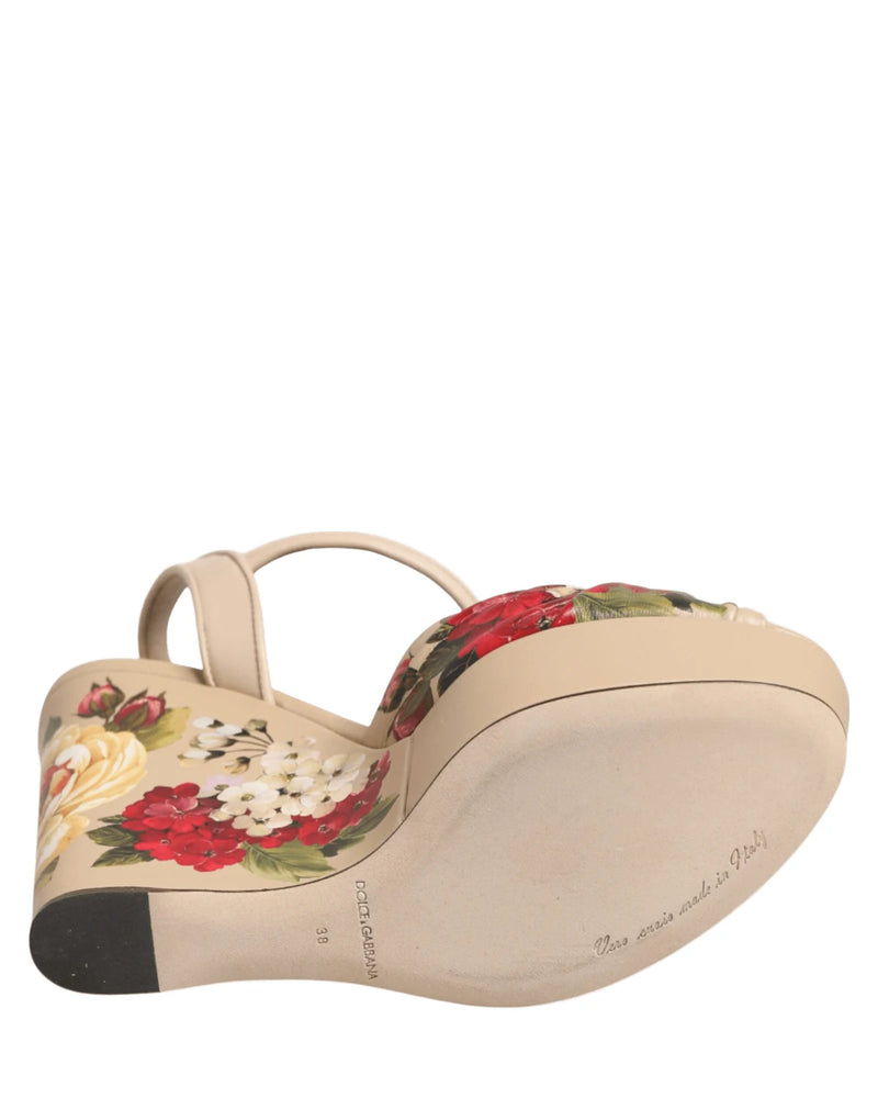 Dolce & Gabbana Beige Floral Ankle Strap Wedge Sandals Shoes Sandals