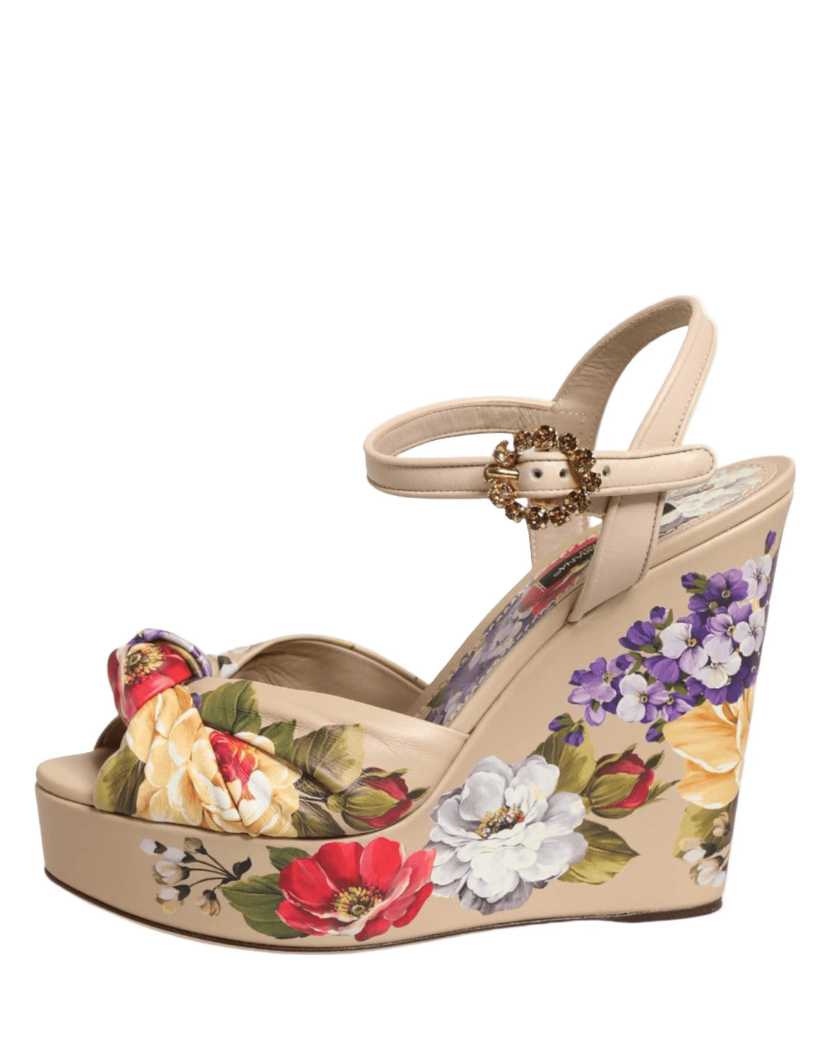 Dolce & Gabbana Beige Floral Ankle Strap Wedge Sandals Shoes Sandals