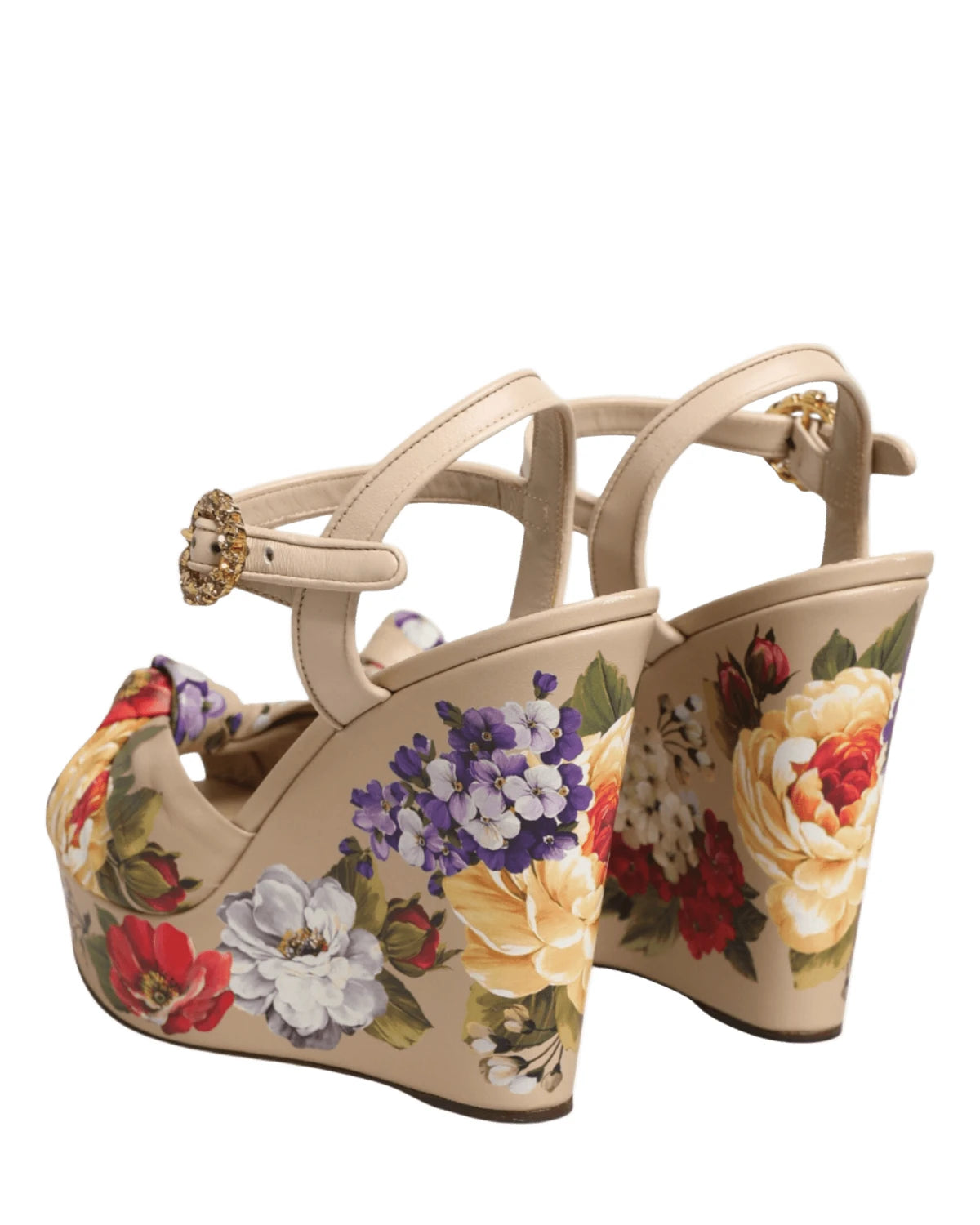 Dolce & Gabbana Beige Floral Ankle Strap Wedge Sandals Shoes Sandals