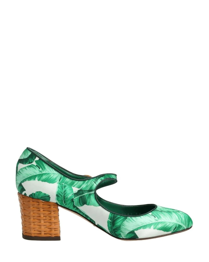 Dolce & Gabbana Green Silk Mary Janes Leaf Sandals Shoes Heels