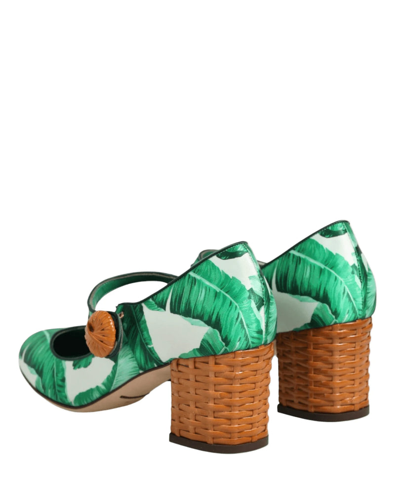 Dolce & Gabbana Green Silk Mary Janes Leaf Sandals Shoes Heels