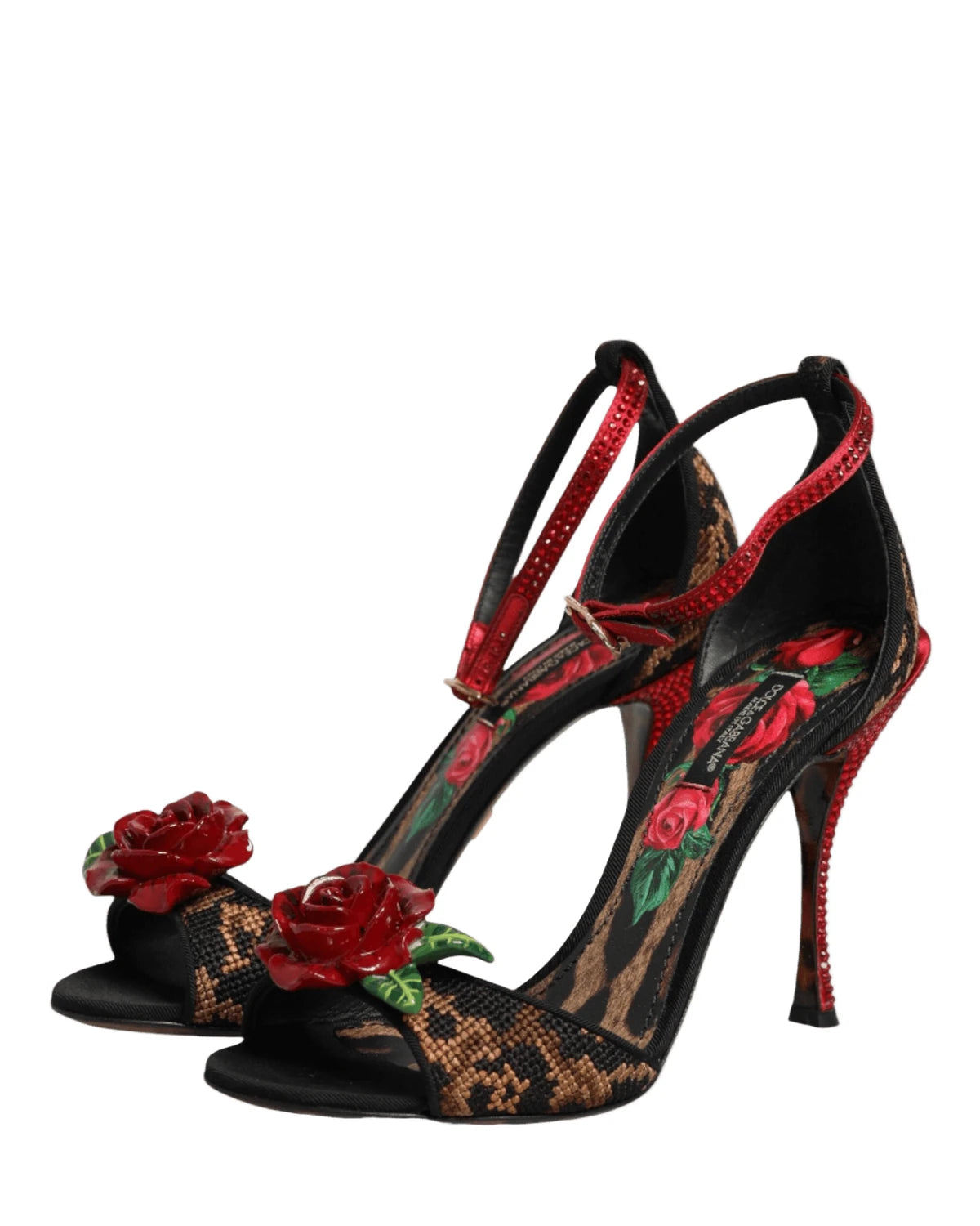 Dolce & Gabbana Brown Leopard Crystal Roses Sandals Shoes Heels