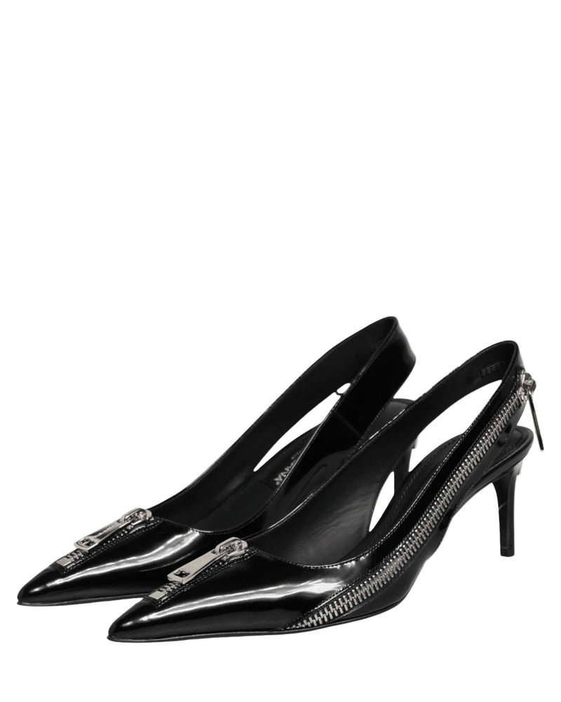Dolce & Gabbana Black Leather Zipper Heels Slingbacks Shoes Heels