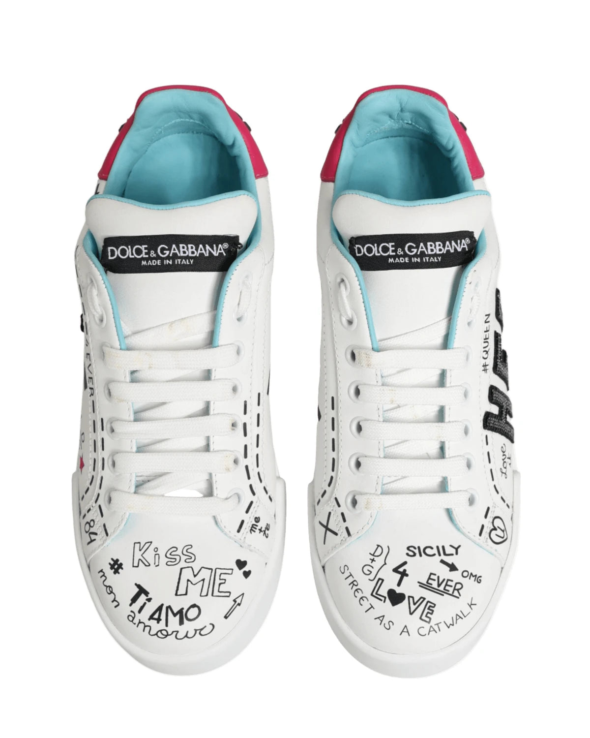 Dolce & Gabbana White Leather Graffiti Low Top Sneakers Shoes Sneakers