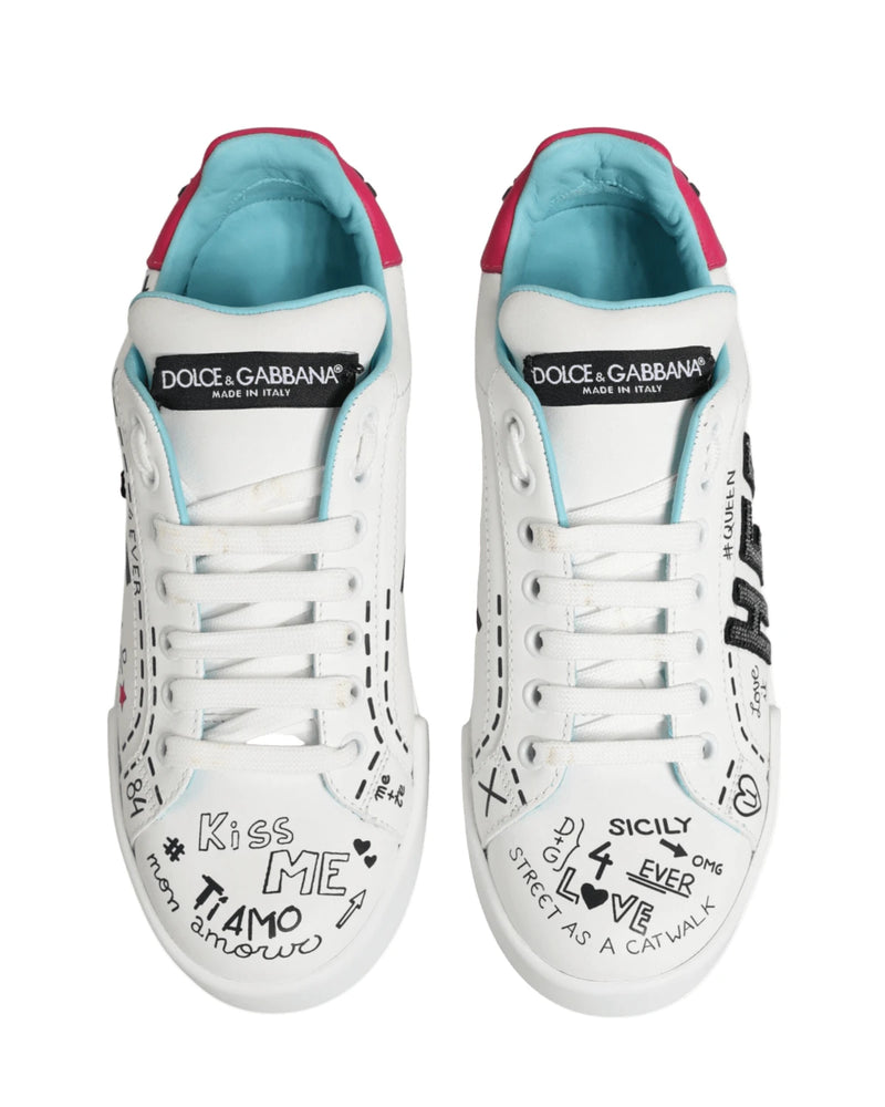 Dolce & Gabbana White Leather Graffiti Low Top Sneakers Shoes Sneakers