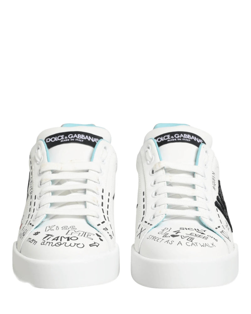 Dolce & Gabbana White Leather Graffiti Low Top Sneakers Shoes Sneakers