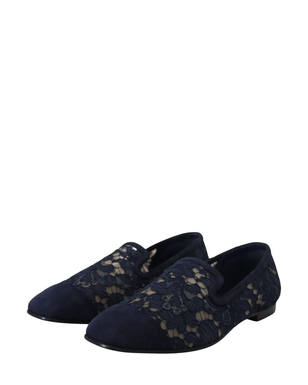 Dolce & Gabbana Blue Lace Floral Slip Ons Loafers Flats
