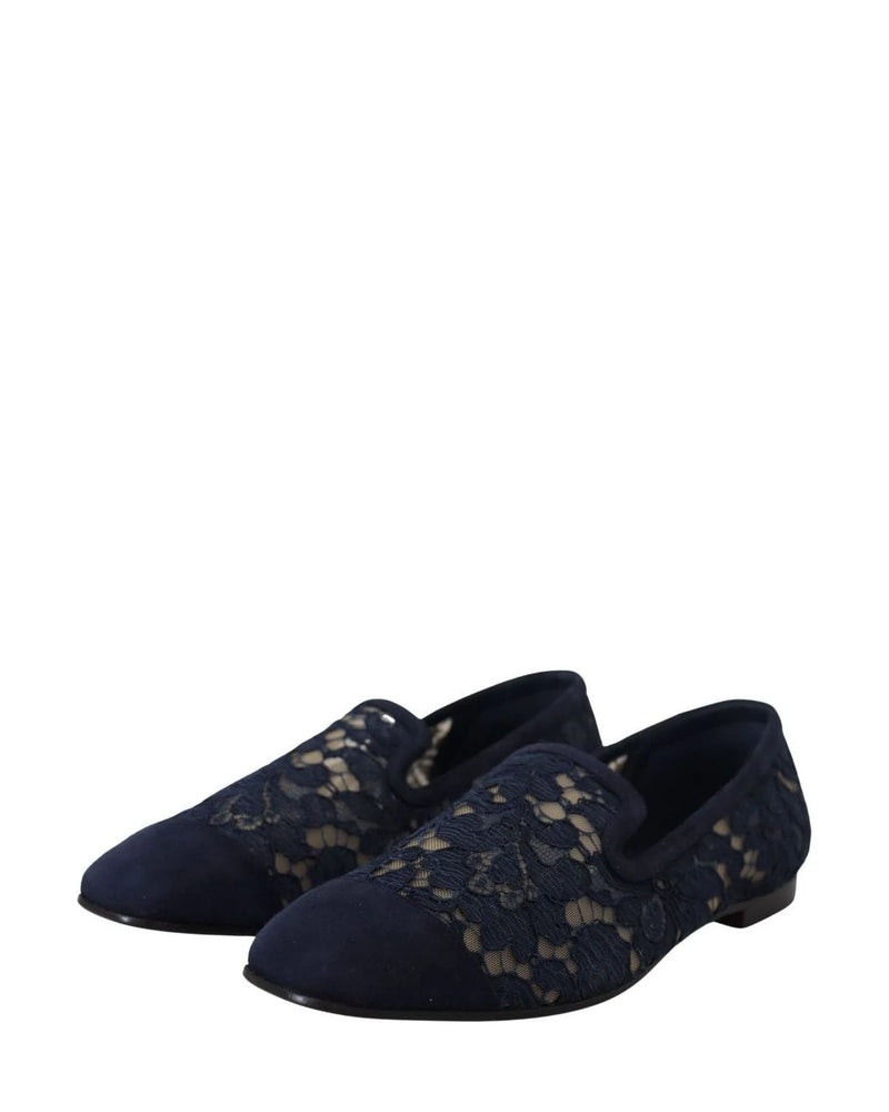 Dolce & Gabbana Blue Lace Floral Slip Ons Loafers Flats