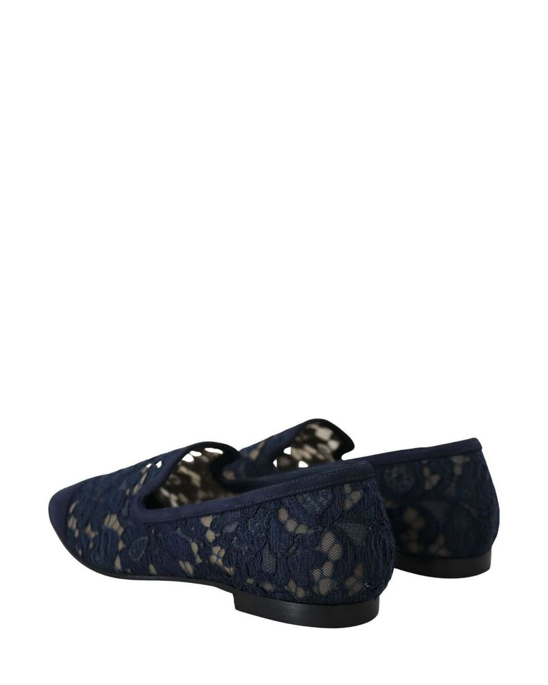 Dolce & Gabbana Blue Lace Floral Slip Ons Loafers Flats