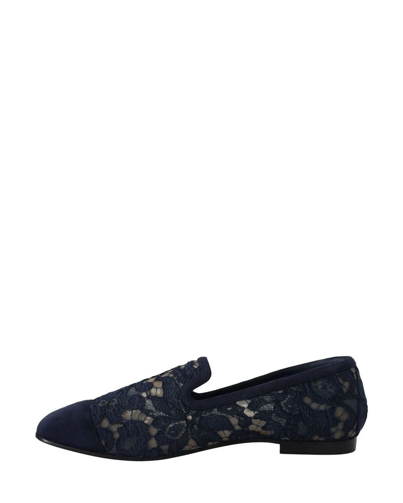 Dolce & Gabbana Blue Lace Floral Slip Ons Loafers Flats