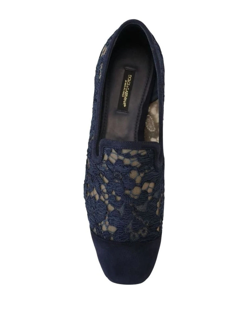 Dolce & Gabbana Blue Lace Floral Slip Ons Loafers Flats