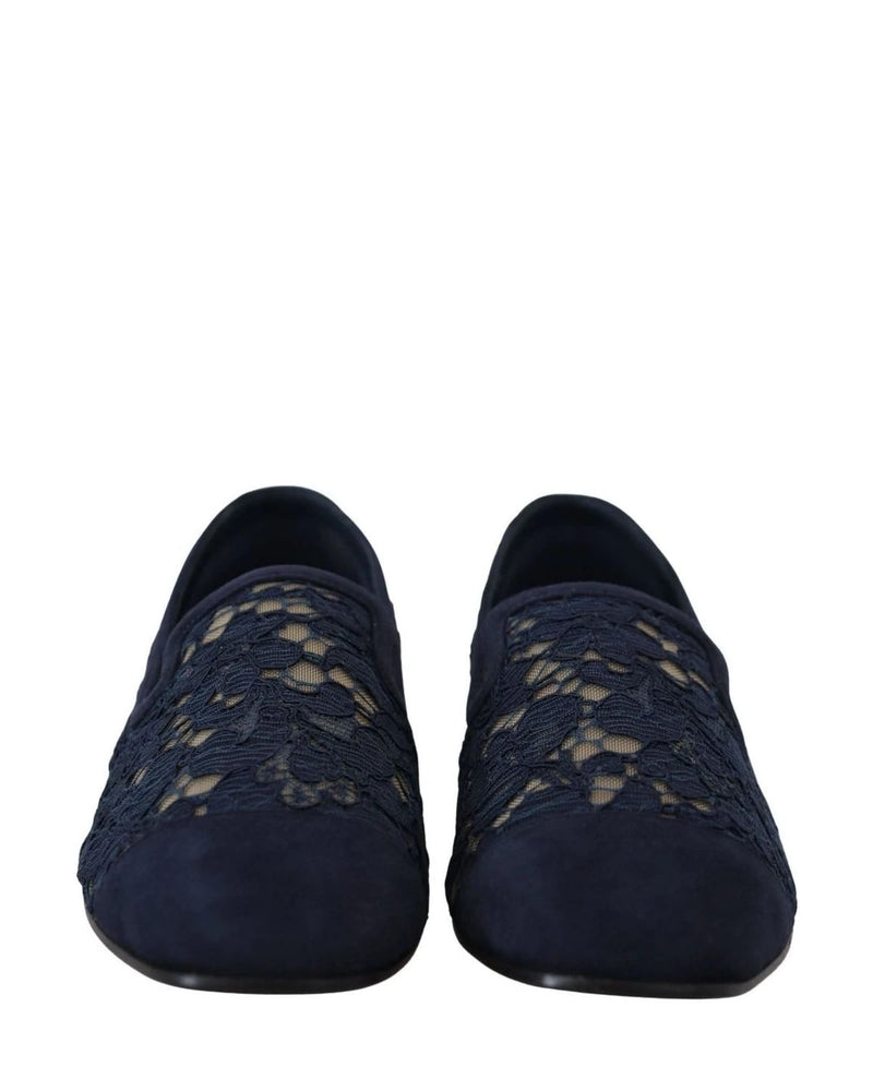 Dolce & Gabbana Blue Lace Floral Slip Ons Loafers Flats