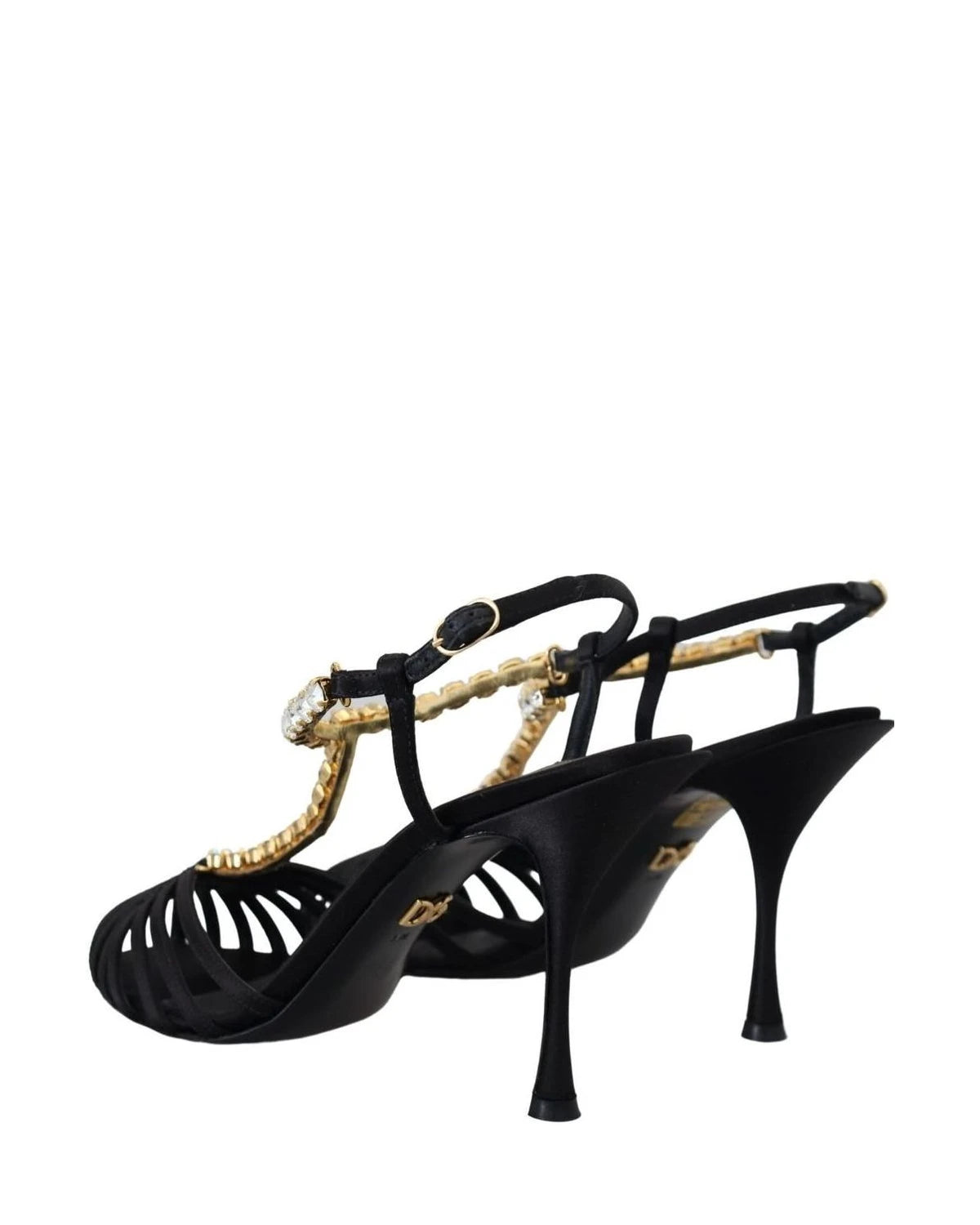 Dolce & Gabbana Black Satin Clear Crystal T Strap Sandals Heels