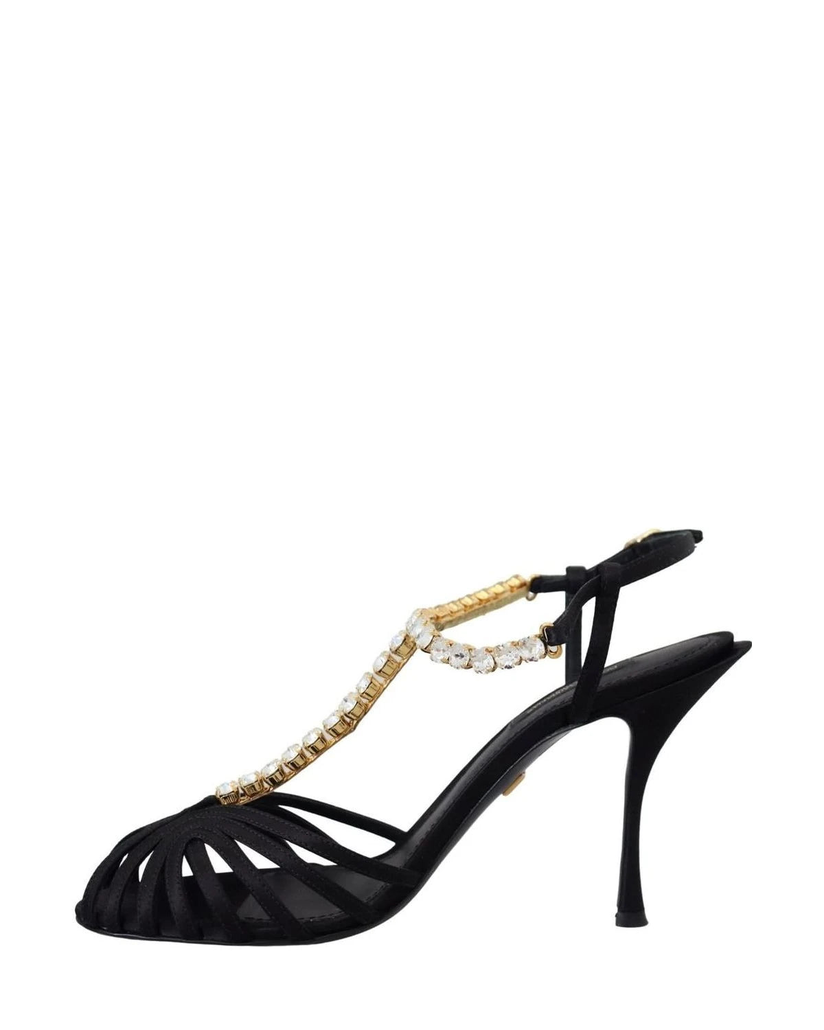 Dolce & Gabbana Black Satin Clear Crystal T Strap Sandals Heels