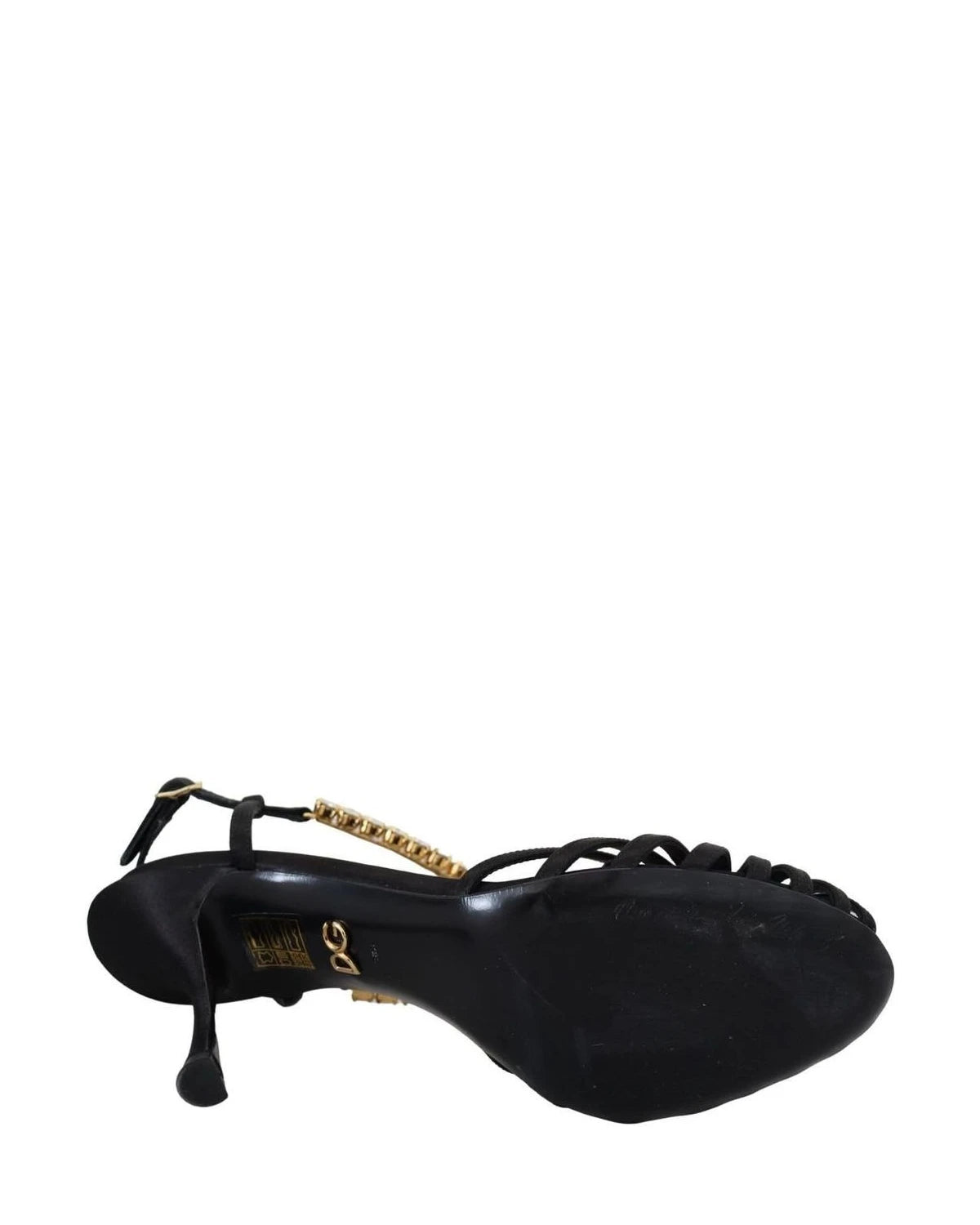 Dolce & Gabbana Black Satin Clear Crystal T Strap Sandals Heels