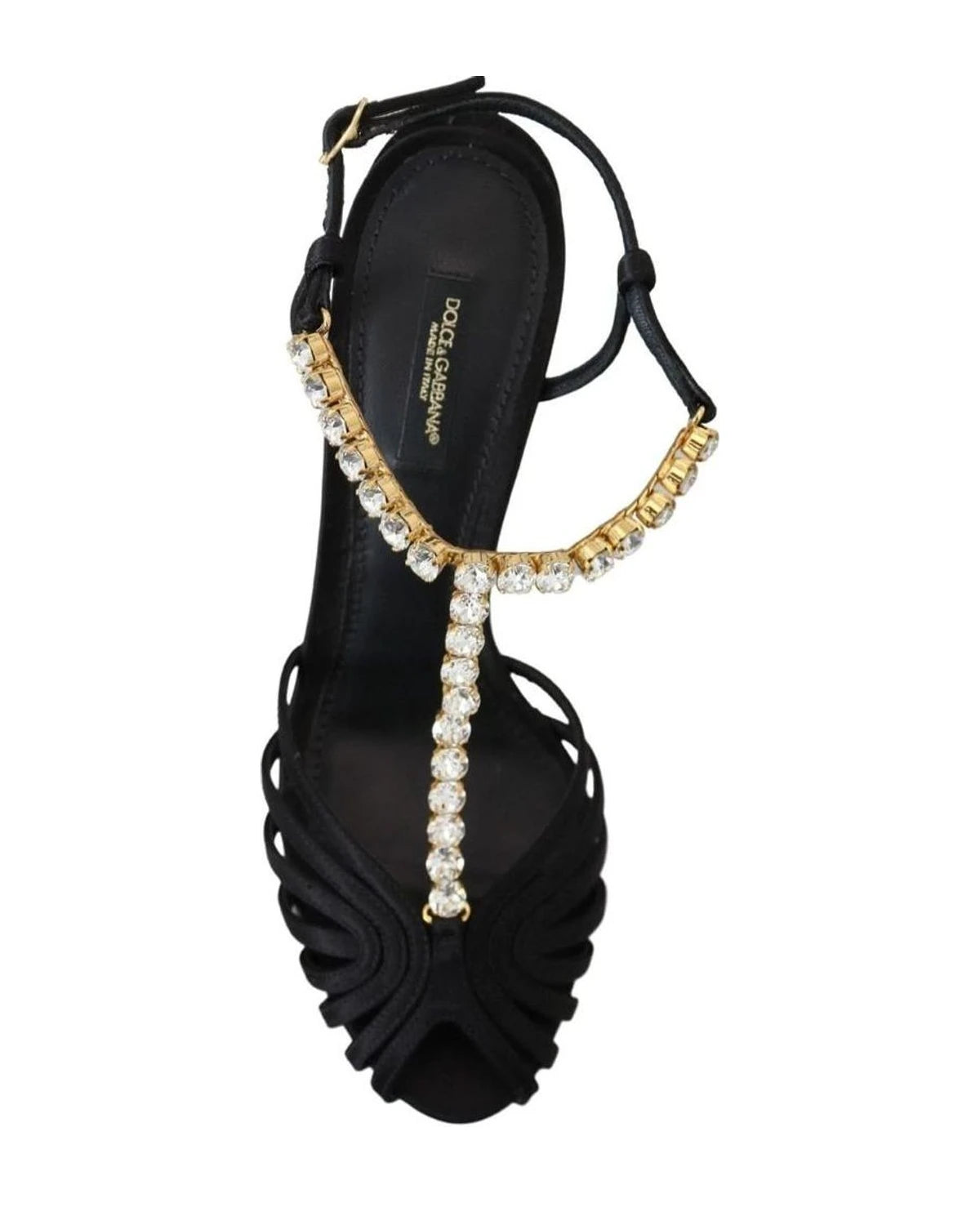 Dolce & Gabbana Black Satin Clear Crystal T Strap Sandals Heels