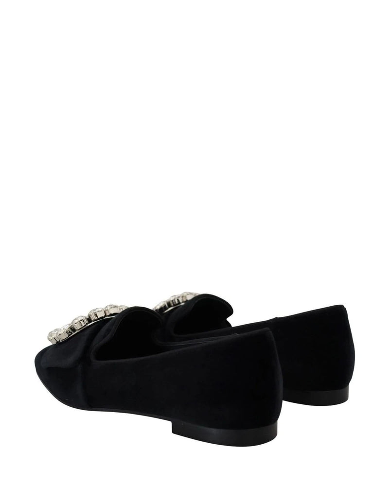 Dolce & Gabbana Black Velvet Crystals Loafers Flats