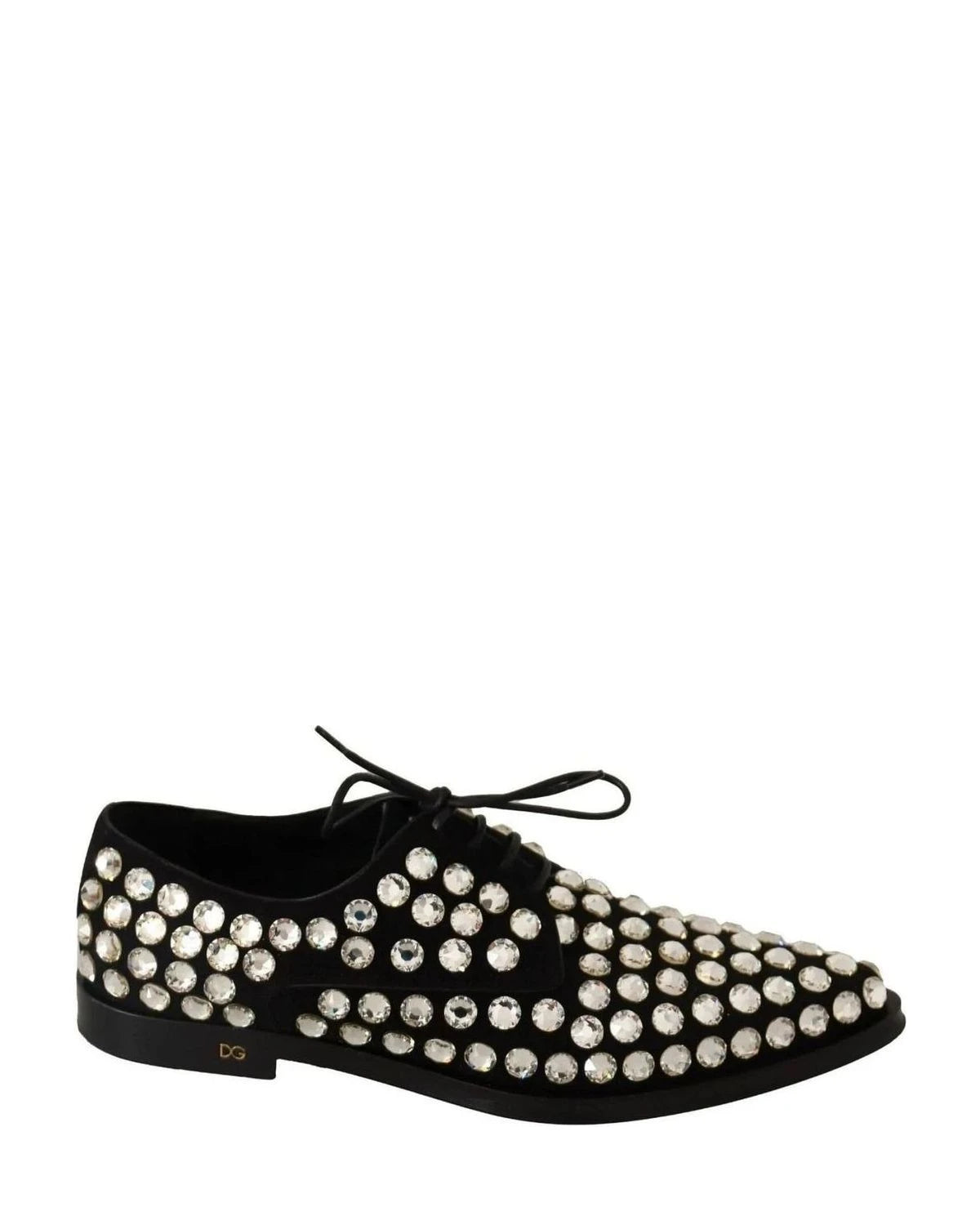Dolce & Gabbana Black Leather Crystals Lace Up Formal Shoes Flats