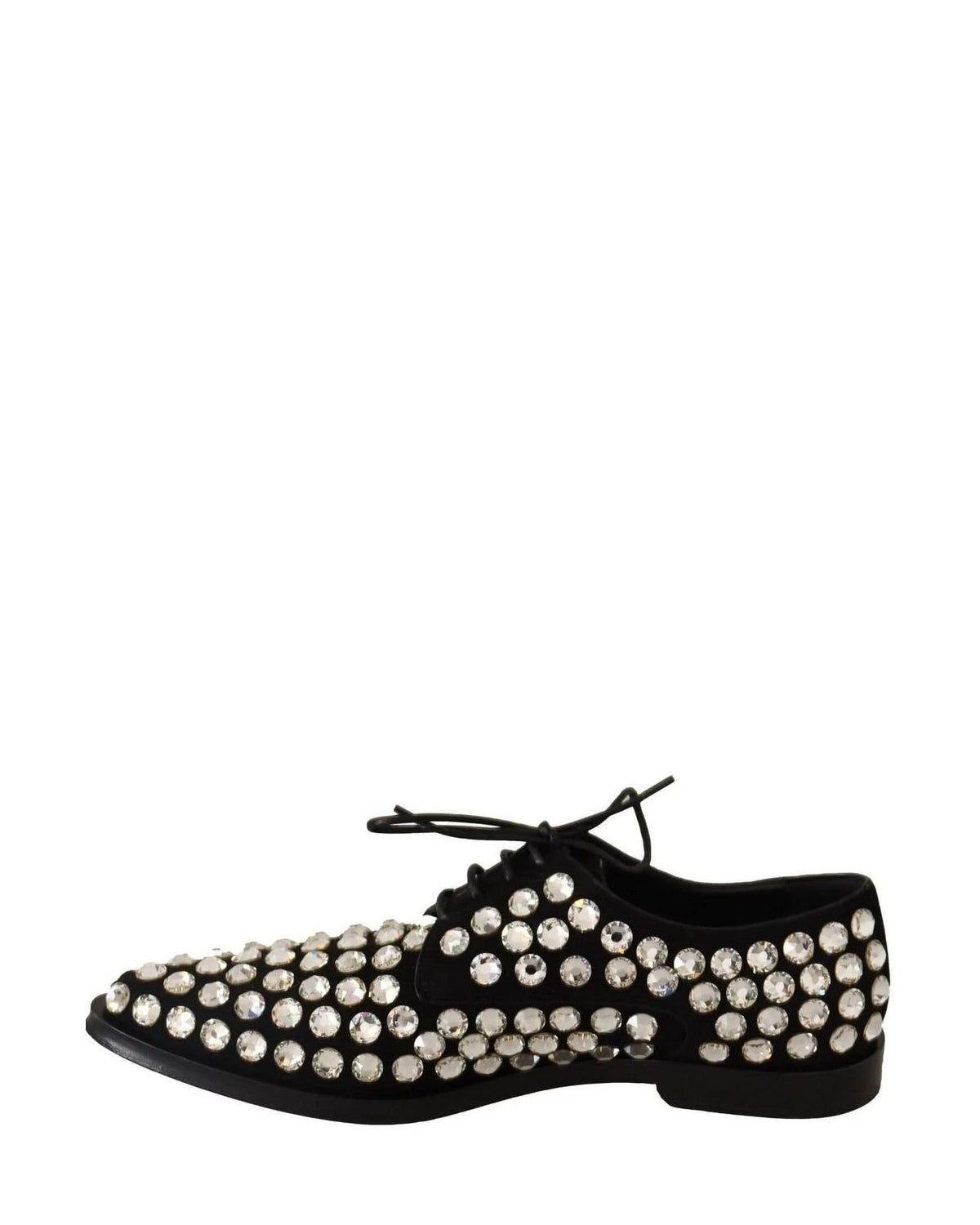 Dolce & Gabbana Black Leather Crystals Lace Up Formal Shoes Flats