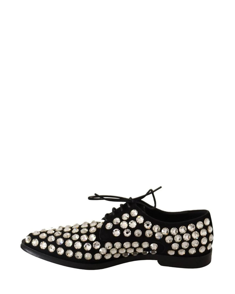 Dolce & Gabbana Black Leather Crystals Lace Up Formal Shoes Flats