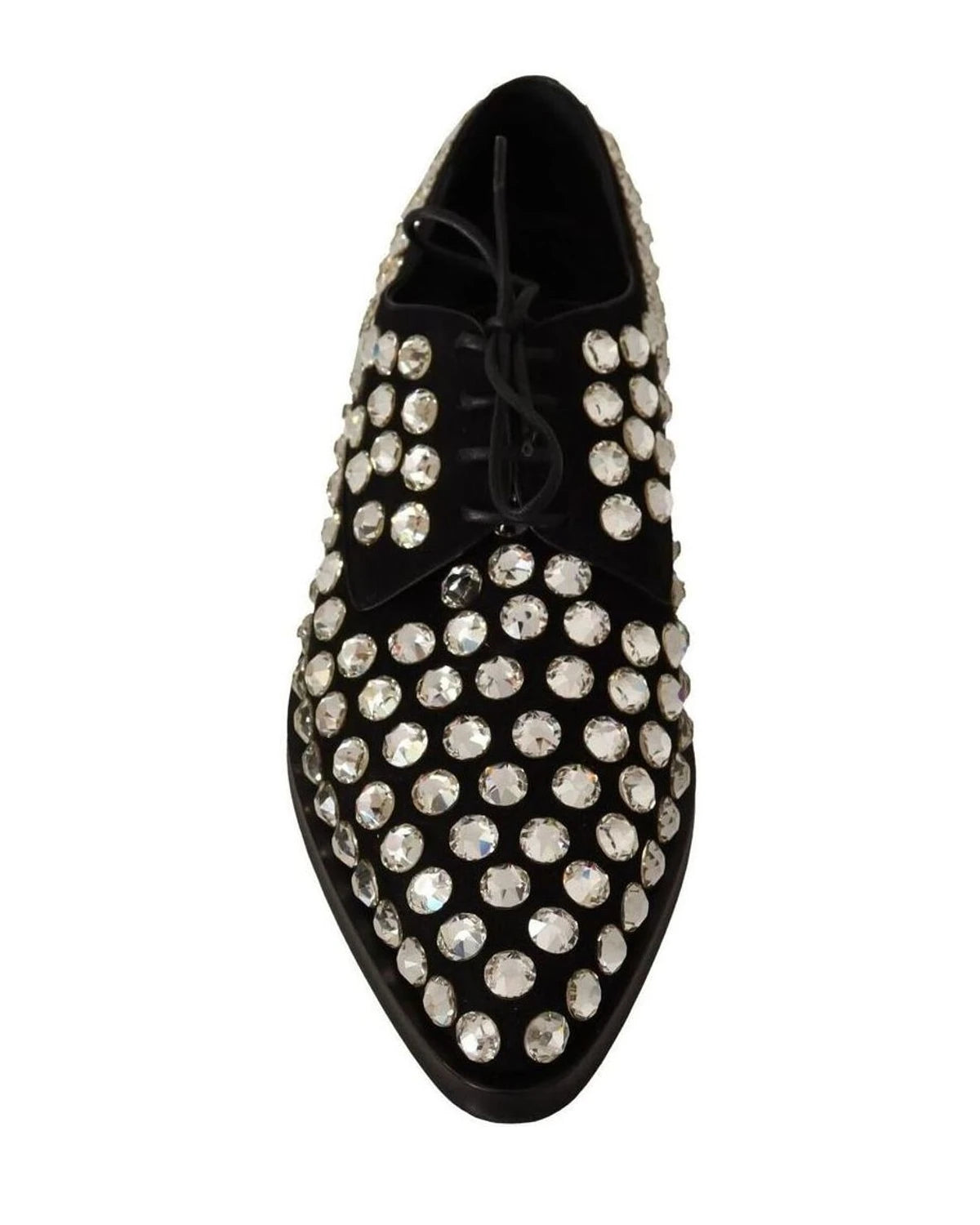 Dolce & Gabbana Black Leather Crystals Lace Up Formal Shoes Flats
