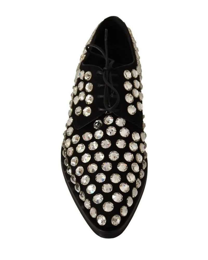Dolce & Gabbana Black Leather Crystals Lace Up Formal Shoes Flats