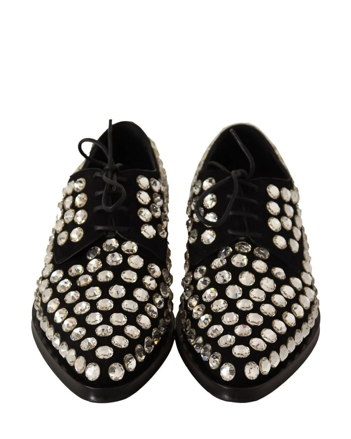 Dolce & Gabbana Black Leather Crystals Lace Up Formal Shoes Flats