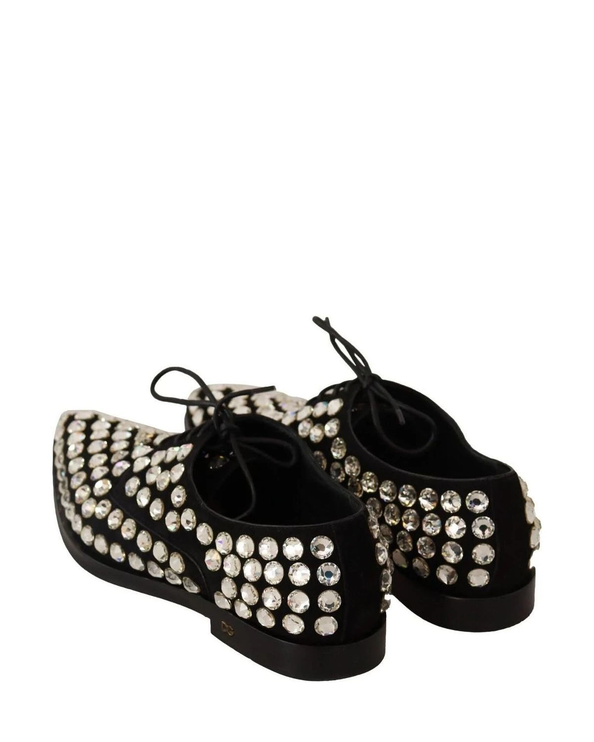 Dolce & Gabbana Black Leather Crystals Lace Up Formal Shoes Flats