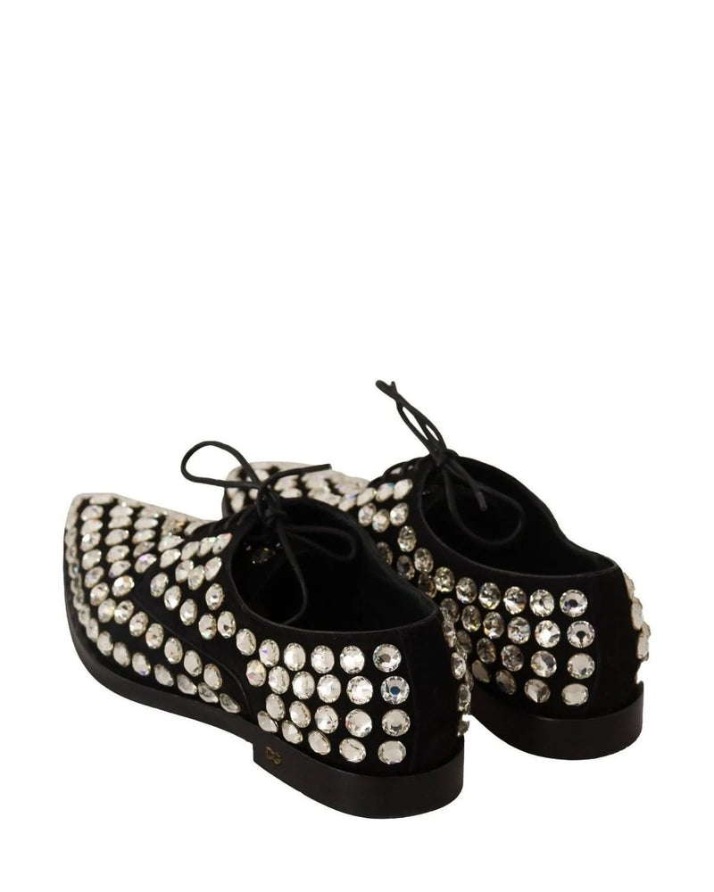 Dolce & Gabbana Black Leather Crystals Lace Up Formal Shoes Flats