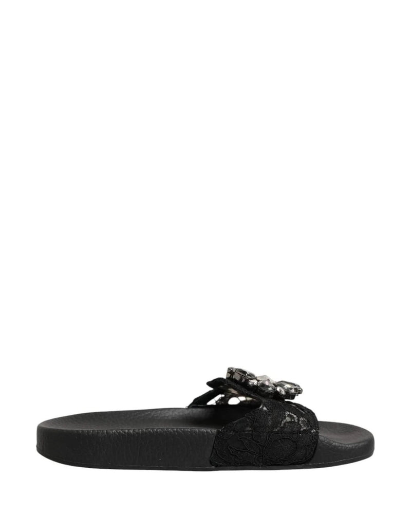 Dolce & Gabbana Black Leather Devotion Matelassé Slides Shoes Sandals