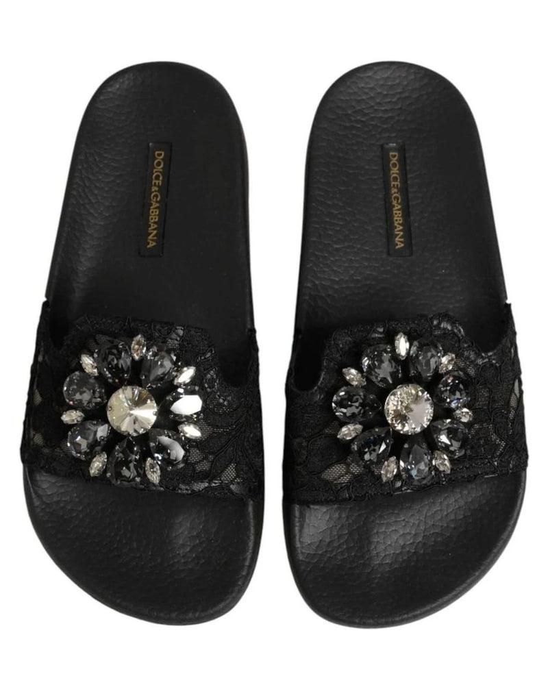 Dolce & Gabbana Black Leather Devotion Matelassé Slides Shoes Sandals