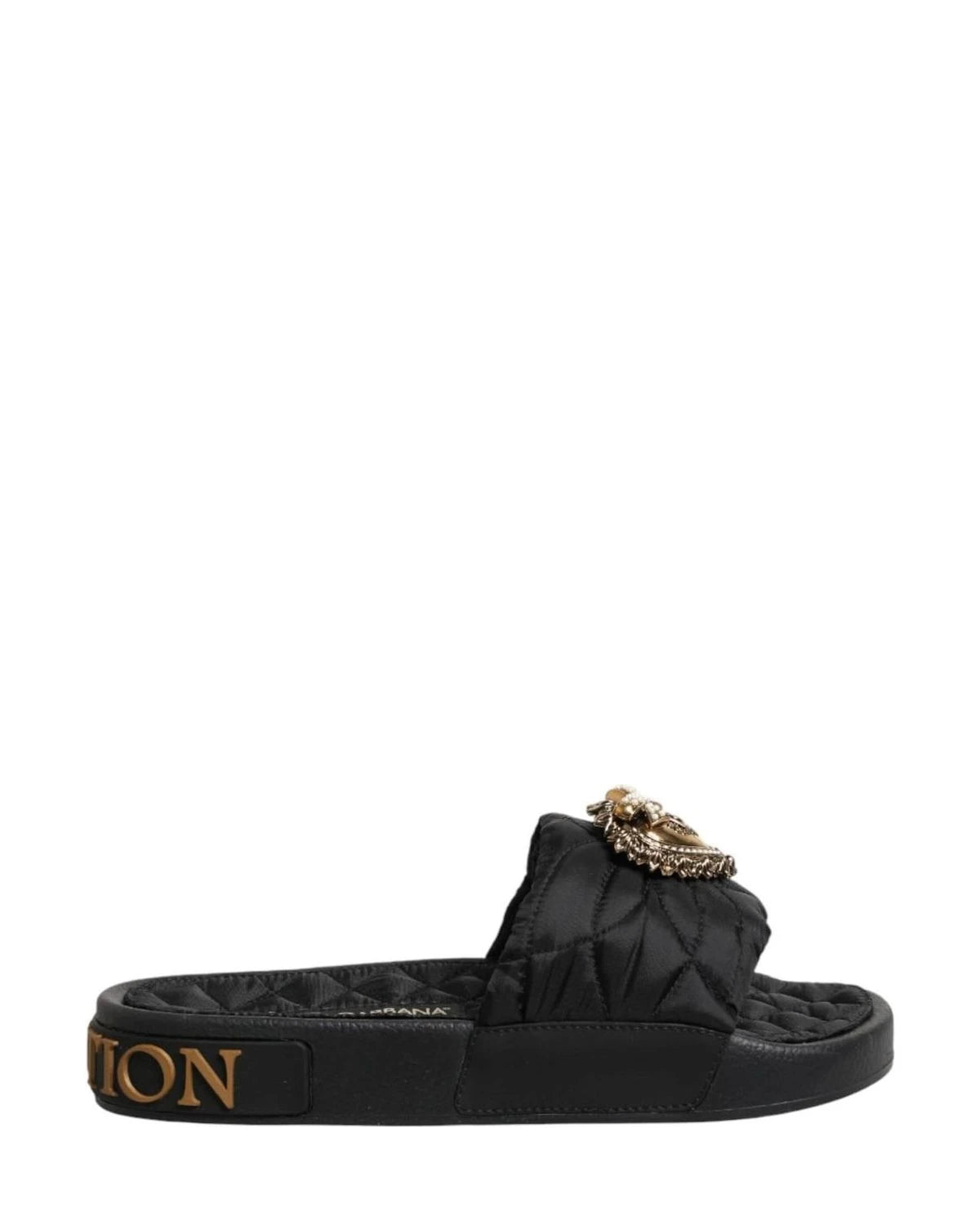 Dolce & Gabbana Black Leather Devotion Matelassé Slides Shoes Sandals