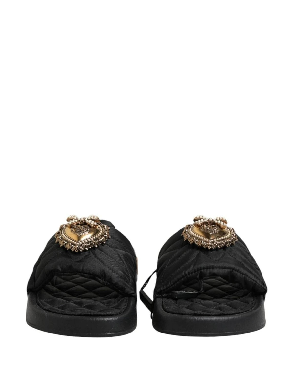 Dolce & Gabbana Black Leather Devotion Matelassé Slides Shoes Sandals