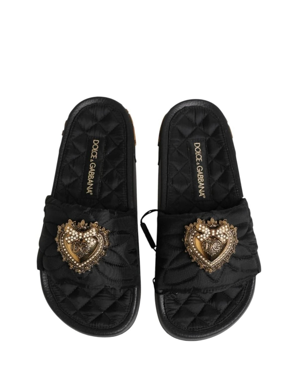 Dolce & Gabbana Black Leather Devotion Matelassé Slides Shoes Sandals