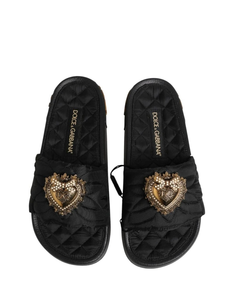 Dolce & Gabbana Black Leather Devotion Matelassé Slides Shoes Sandals