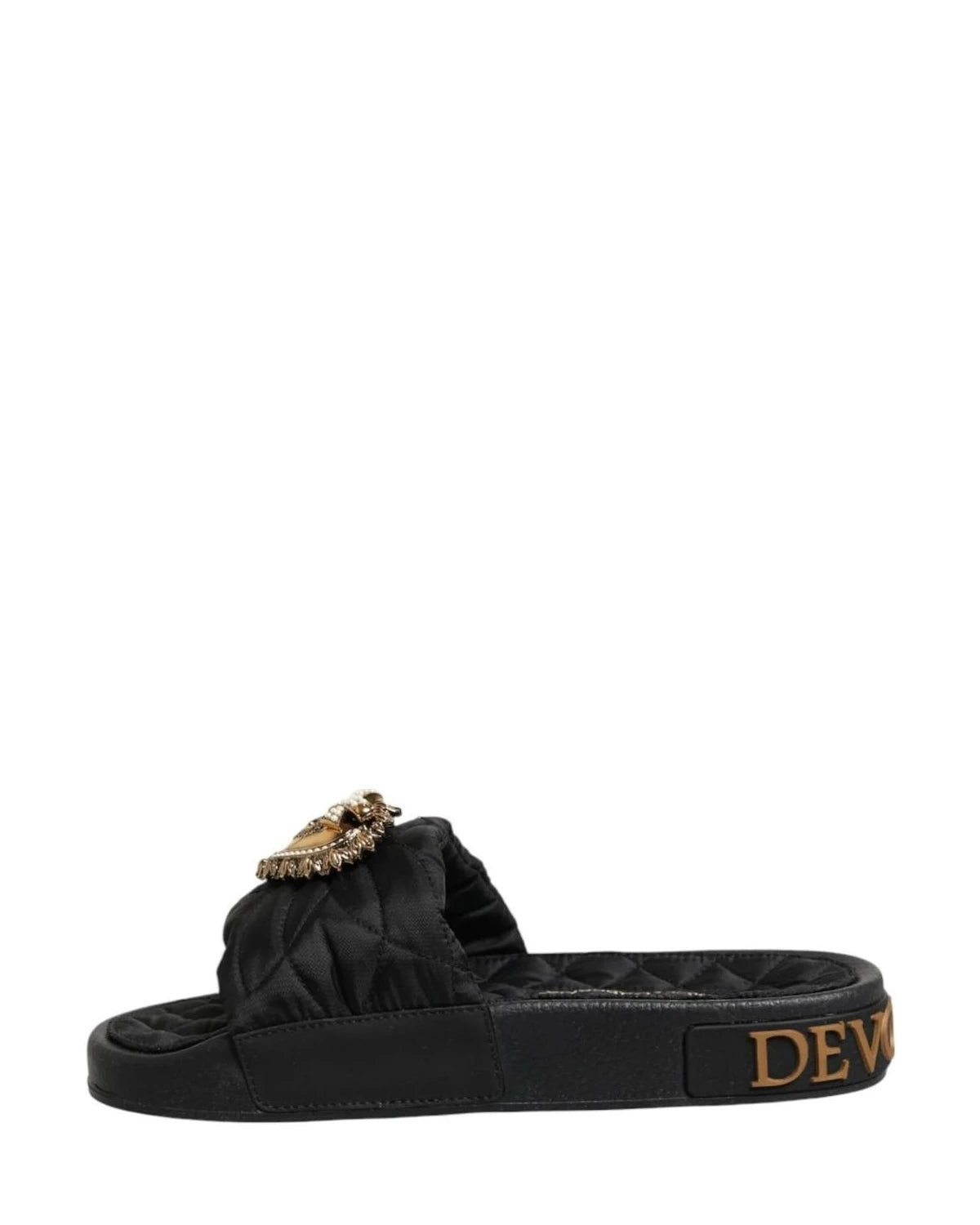 Dolce & Gabbana Black Leather Devotion Matelassé Slides Shoes Sandals