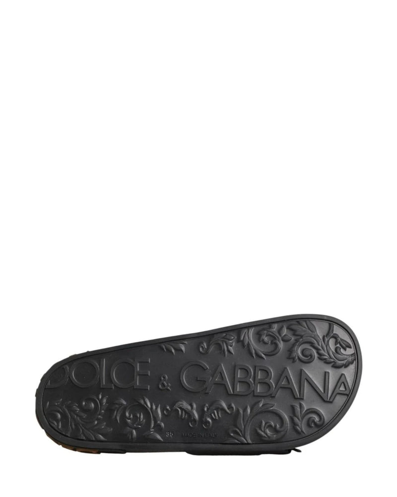Dolce & Gabbana Black Leather Devotion Matelassé Slides Shoes Sandals