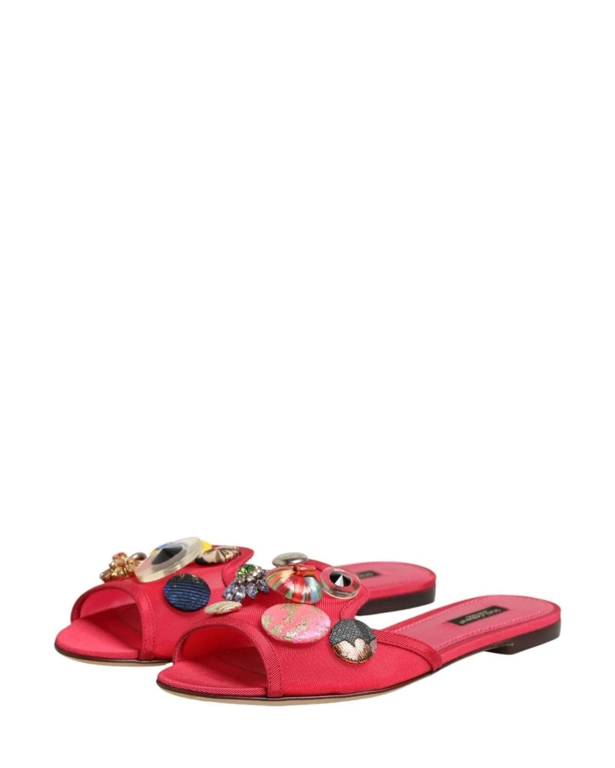 Dolce & Gabbana Red Embellished Flats Slip On Sandals Shoes Flats