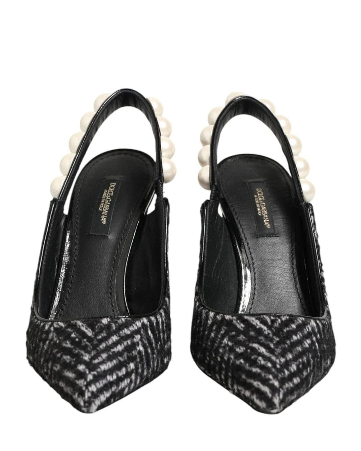Dolce & Gabbana Black White Chevron Faux Pearl Slingbacks Shoes Heels