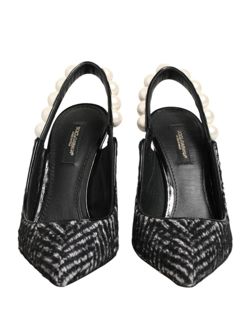 Dolce & Gabbana Black White Chevron Faux Pearl Slingbacks Shoes Heels