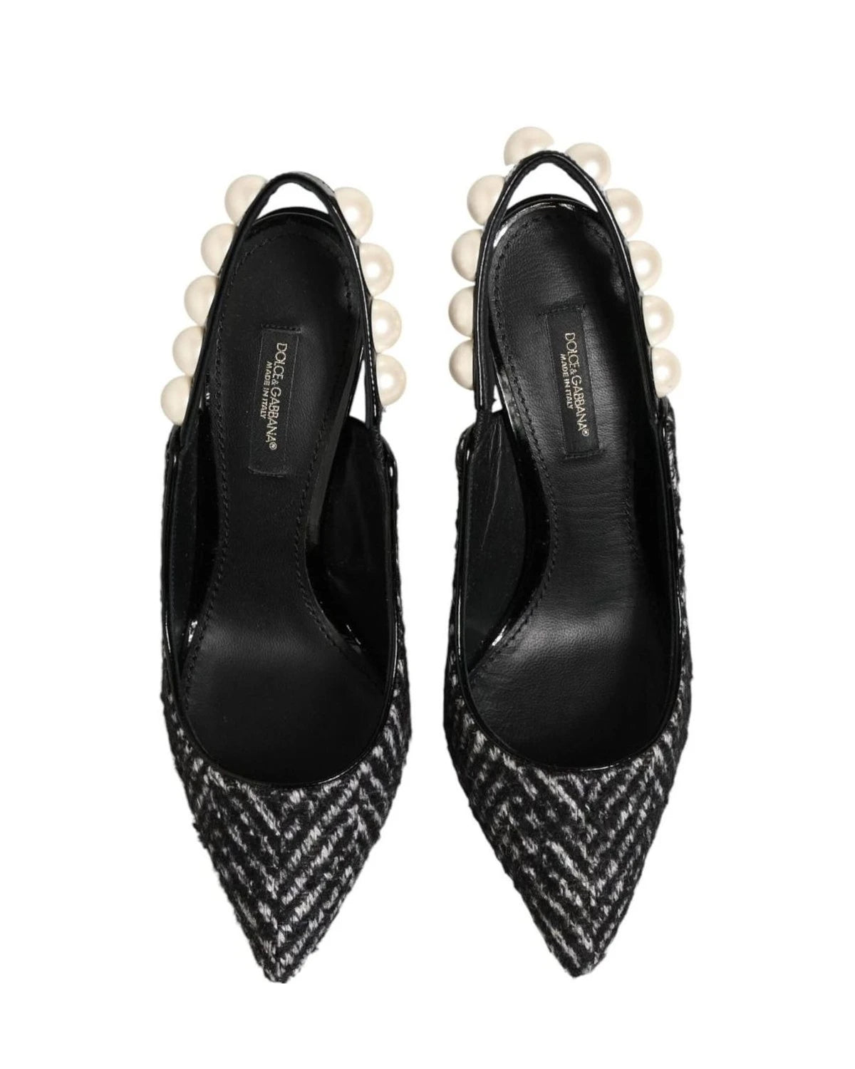 Dolce & Gabbana Black White Chevron Faux Pearl Slingbacks Shoes Heels